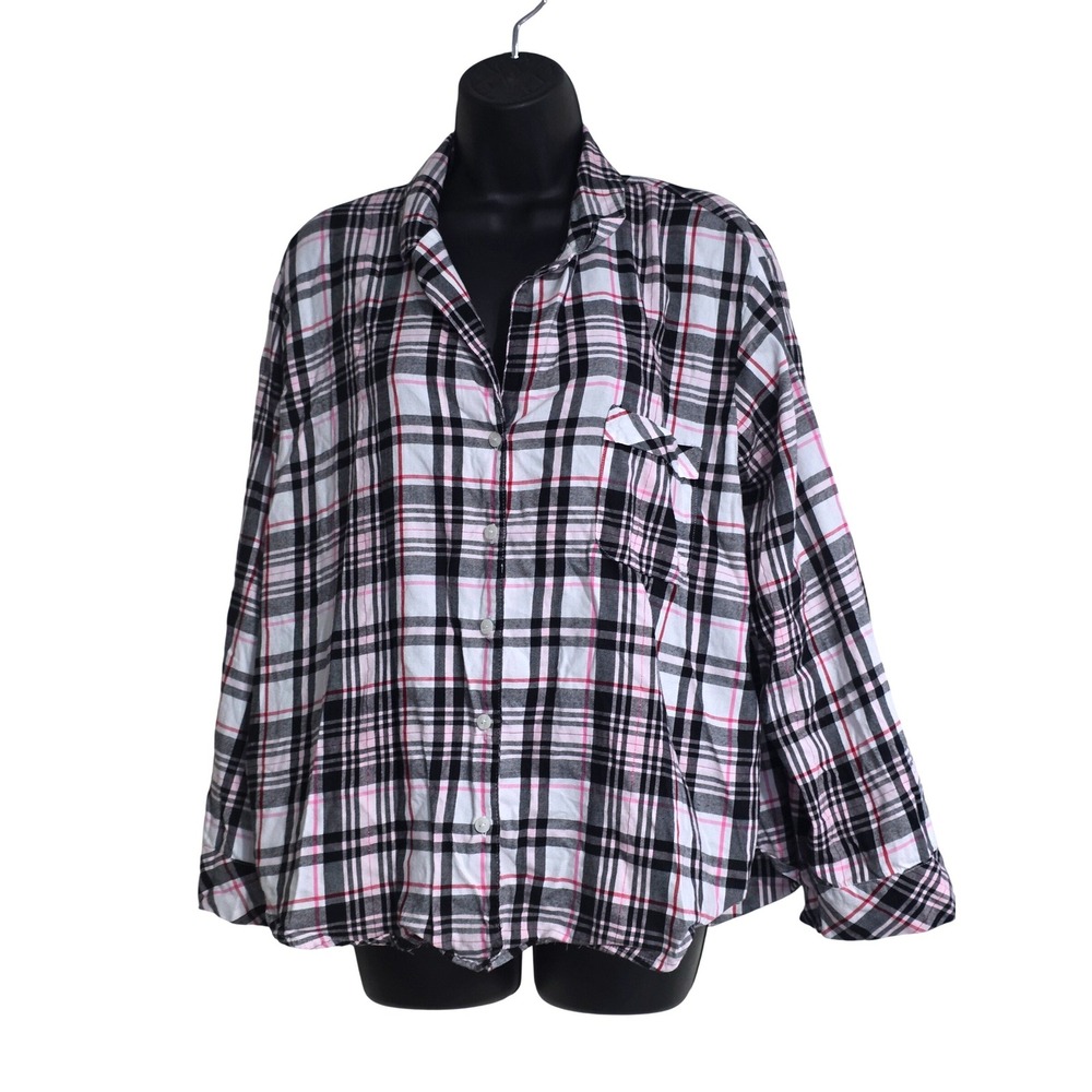 Victorias Secret Pink Black White Plaid Button Down Pajama Top XL Short